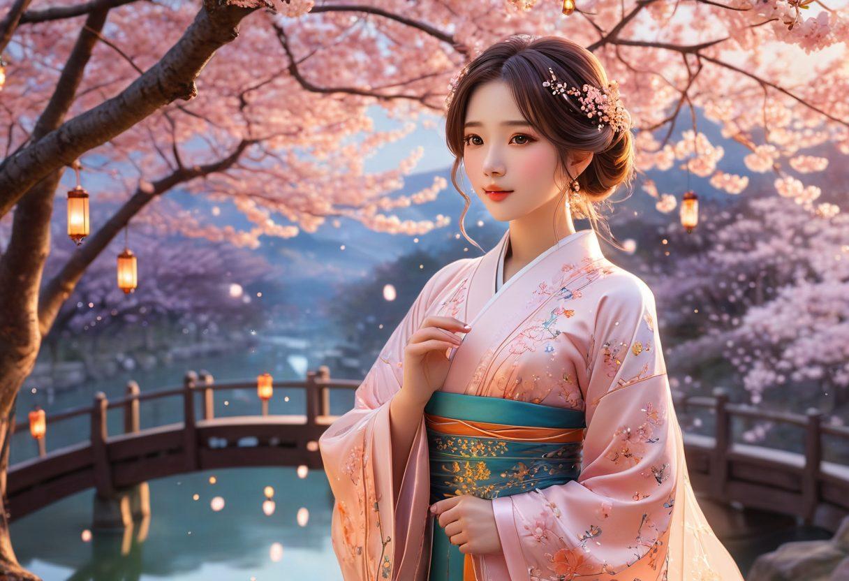 A vibrant and sensual scene showcasing a beautifully detailed anime character in an elegant pose, surrounded by whimsical patterns and soft pastel colors. The background features a dreamlike landscape with cherry blossoms and floating lanterns, emphasizing the allure of erotic art. Add an ethereal glow to the character's expression to highlight the enchanting atmosphere. super-realistic. vibrant colors. fantasy art.