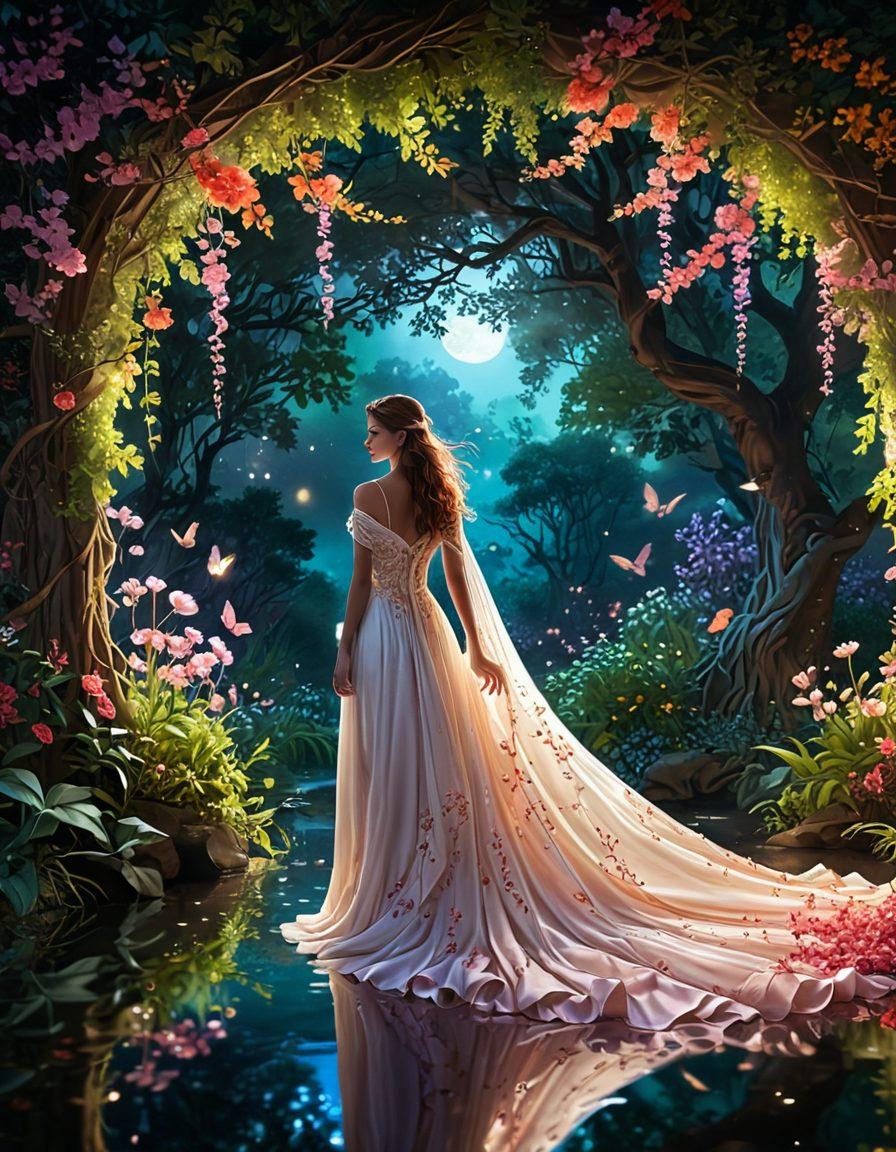 A captivating illustration showcasing an enchanting, mystical landscape where fantasy meets sensuality. Incorporate ethereal characters engaged in alluring storytelling scenes, surrounded by vibrant colors and surreal elements like floating petals and shimmering lights. Highlight the blend of traditional and modern art styles, emphasizing emotive expressions and intricate details. The overall atmosphere should evoke curiosity and allure. super-realistic. vibrant colors. fantasy art.